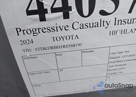 2024 Toyota Highlander Xle z USA, uszkodzony, nr VIN 5TDKDRBH1RS568191